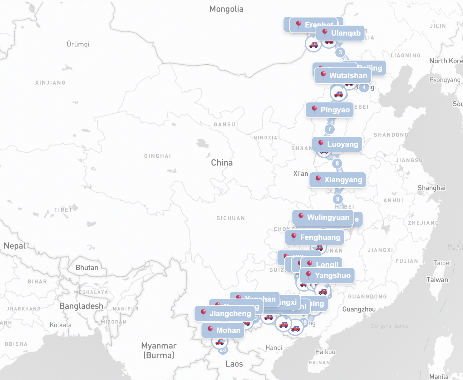 Sommer-Autotour von Erenhot nach Mohan Mongolei – China – Laos(32 Tage)