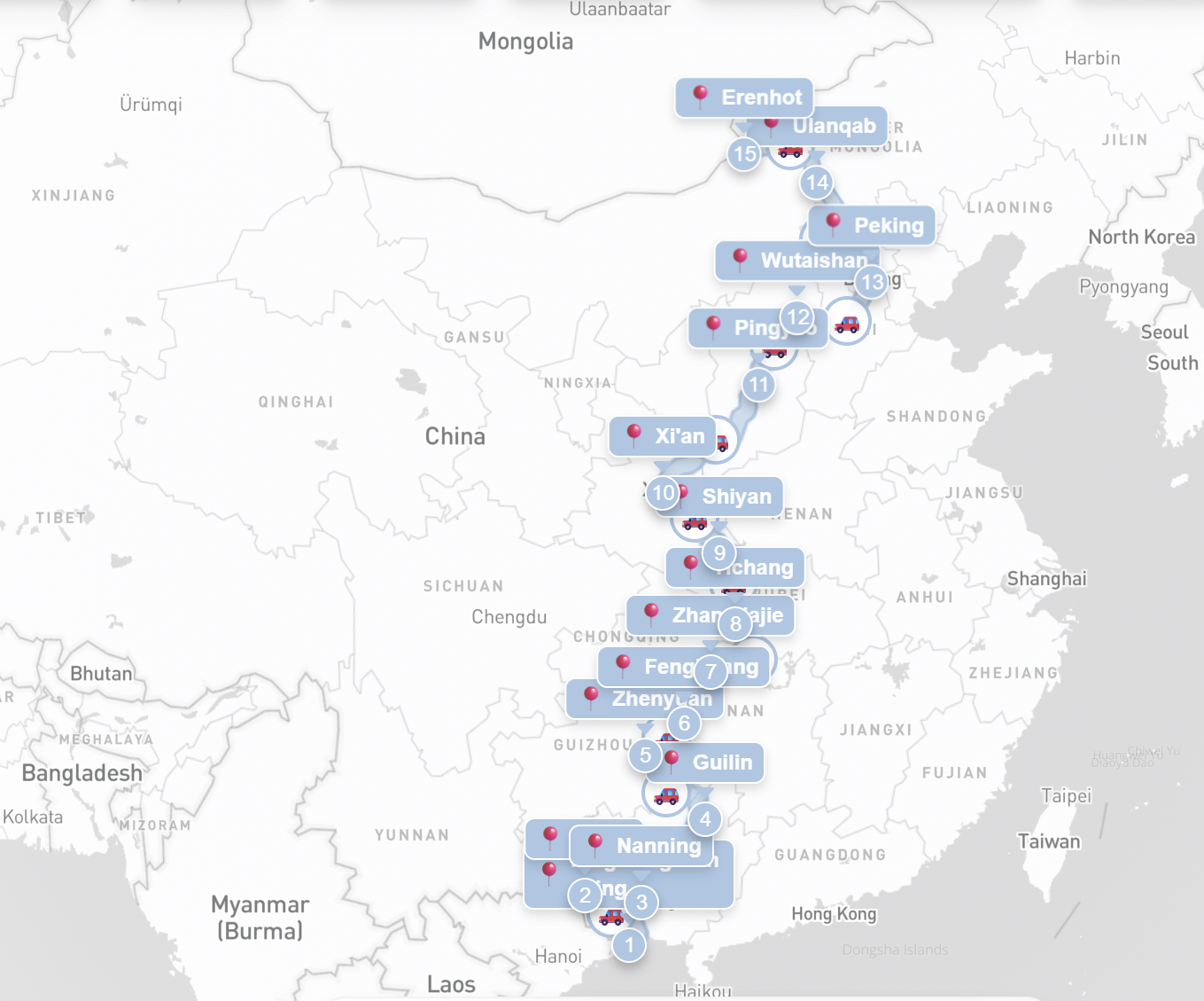 Durchfahrt von Vietnam über China in die Mongolei 